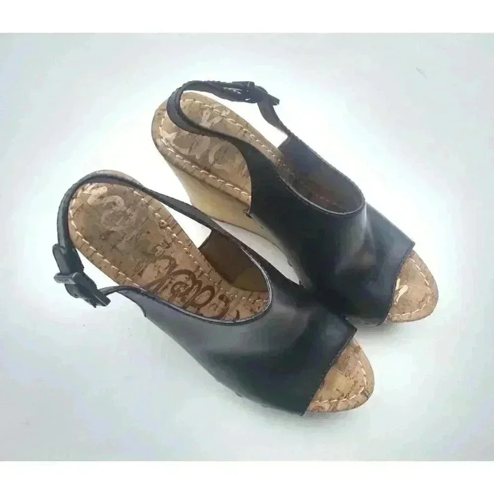 Sam Edelman CAMILLA Black Leather Wedge Sling Heel Platform Sandals  Size 8.5M